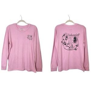 Lakegirl Pinup Woodsy Long Sleeve Pink Graphic Tee Shirt Large Lake Girl on Rock